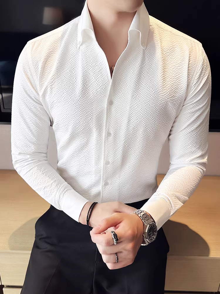 Áo sơ mi nam chất liệu vải waffle cao cấp, cổ V, tay dài, phong cách công sở lịch sự, đa năng, ôm dáng, cổ đứng thời trang.