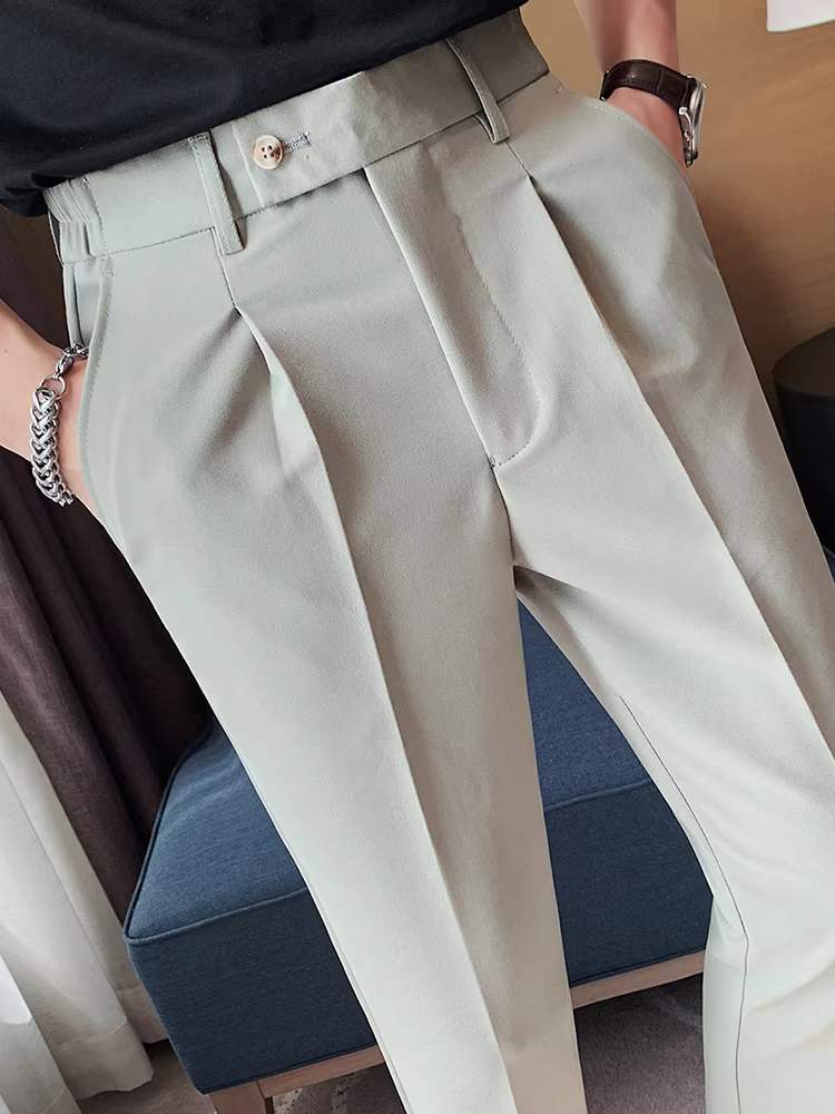 Quần âu nam mùa hè chất liệu thun co giãn, kiểu dáng ôm vừa vặn, ống côn, thời trang, đa năng, dễ chăm sóc.