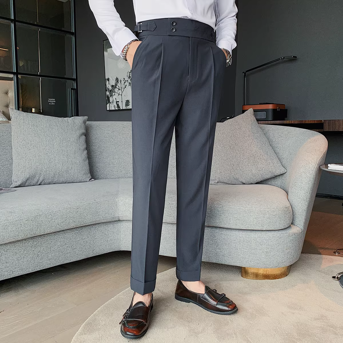 Quần tây nam Naples lưng cao cho mùa xuân thu, quần dài thường ngày, quần âu dáng thẳng kiểu Hàn Quốc, quần công sở không nhăn