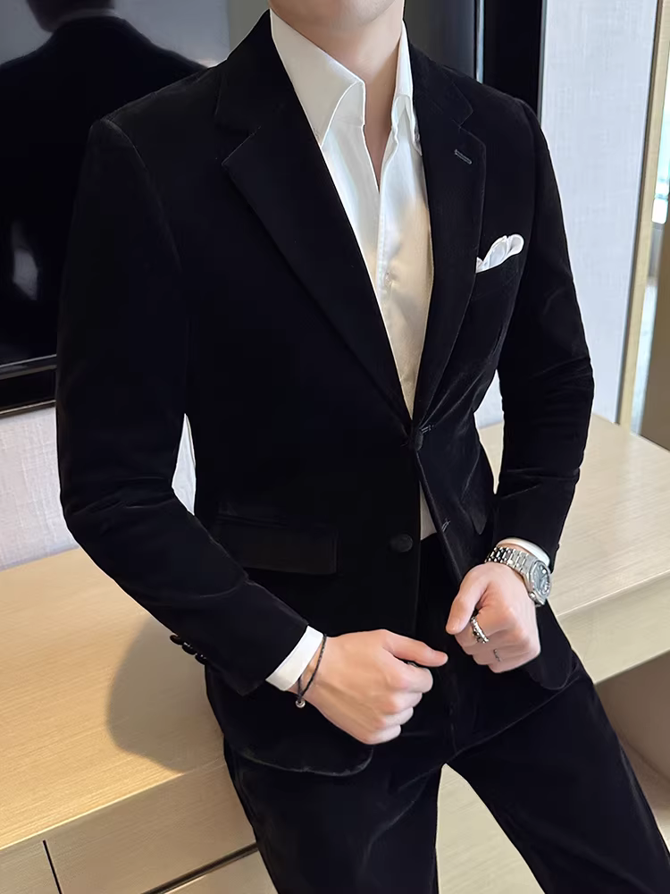 Bộ vest nhung vàng nam, thu đông, cao cấp, lịch sự, phù hợp công sở, vest chú rể, bộ hai mảnh