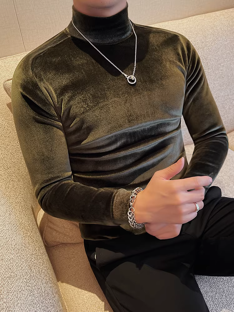 Áo thun nam tay dài cổ nửa cao chất liệu nhung, mùa thu đông, lót lông cừu, dày dặn, ấm áp, cao cấp, ôm sát body.