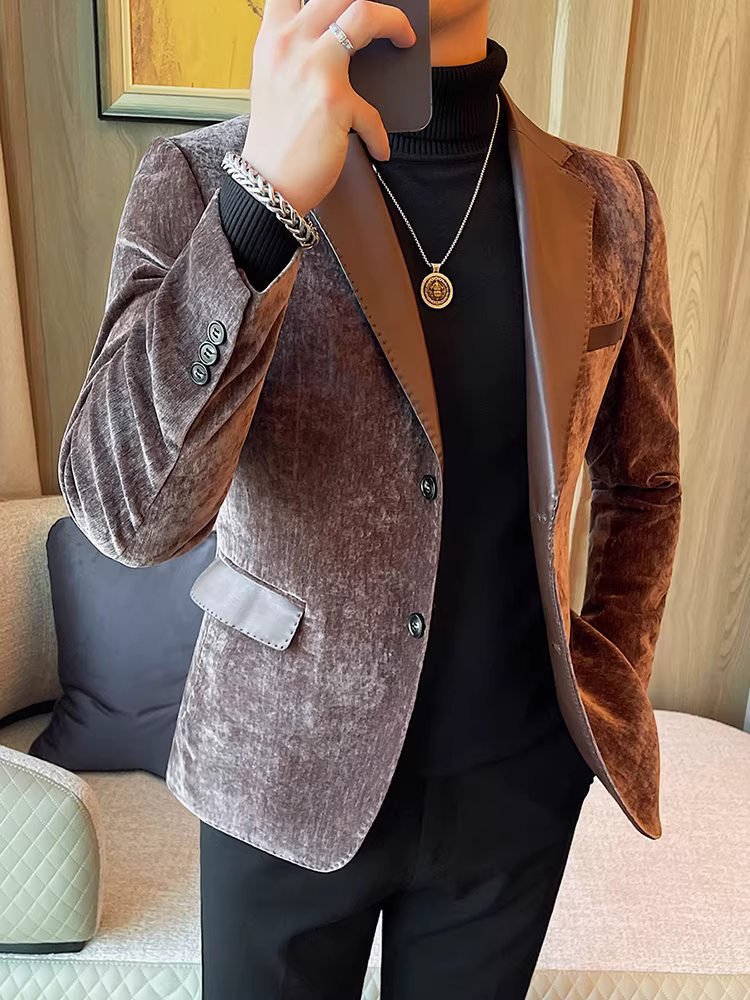 Áo khoác vest nam phối da, thời trang thu đông 2025, kiểu dáng ôm body, lịch lãm, chất lượng cao, phong cách công sở lịch sự.