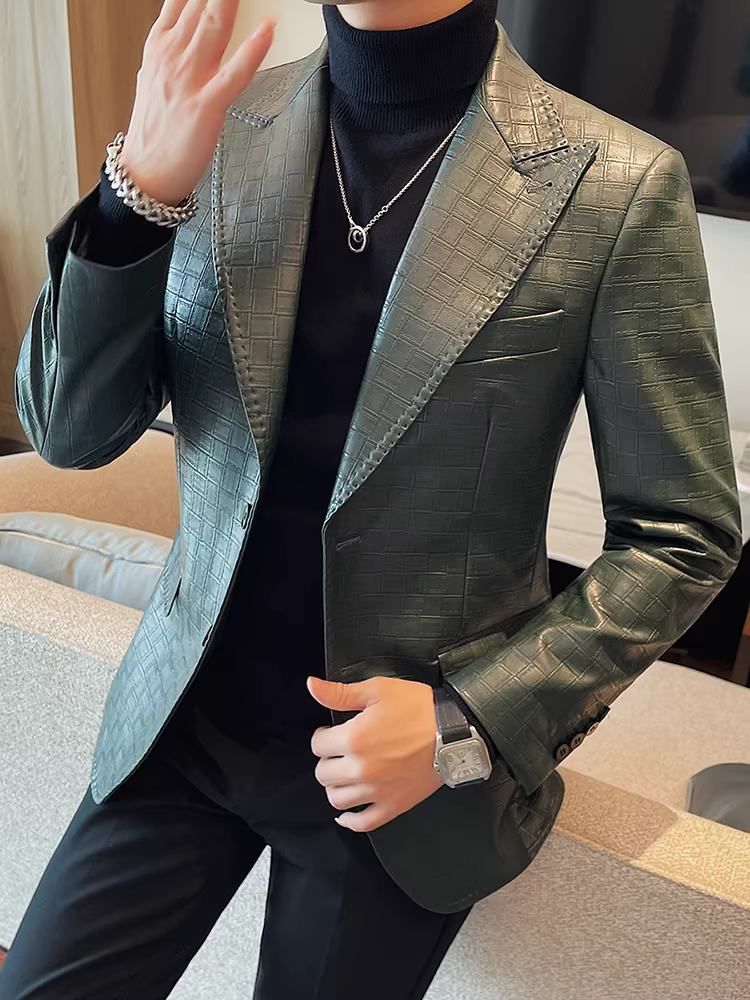 Áo khoác da kẻ sọc cổ vest cao cấp dành cho nam, xu hướng thời trang thu đông, dáng ôm, phong cách công sở lịch lãm, sành điệu.