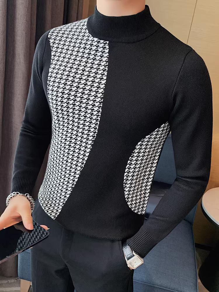 Áo len nửa cổ lọ dành cho nam, dài tay, mùa đông, cảm giác cao cấp, thiết kế chắp vá, hợp thời trang, ôm dáng, cổ trung bình, lớp đan bên trong.