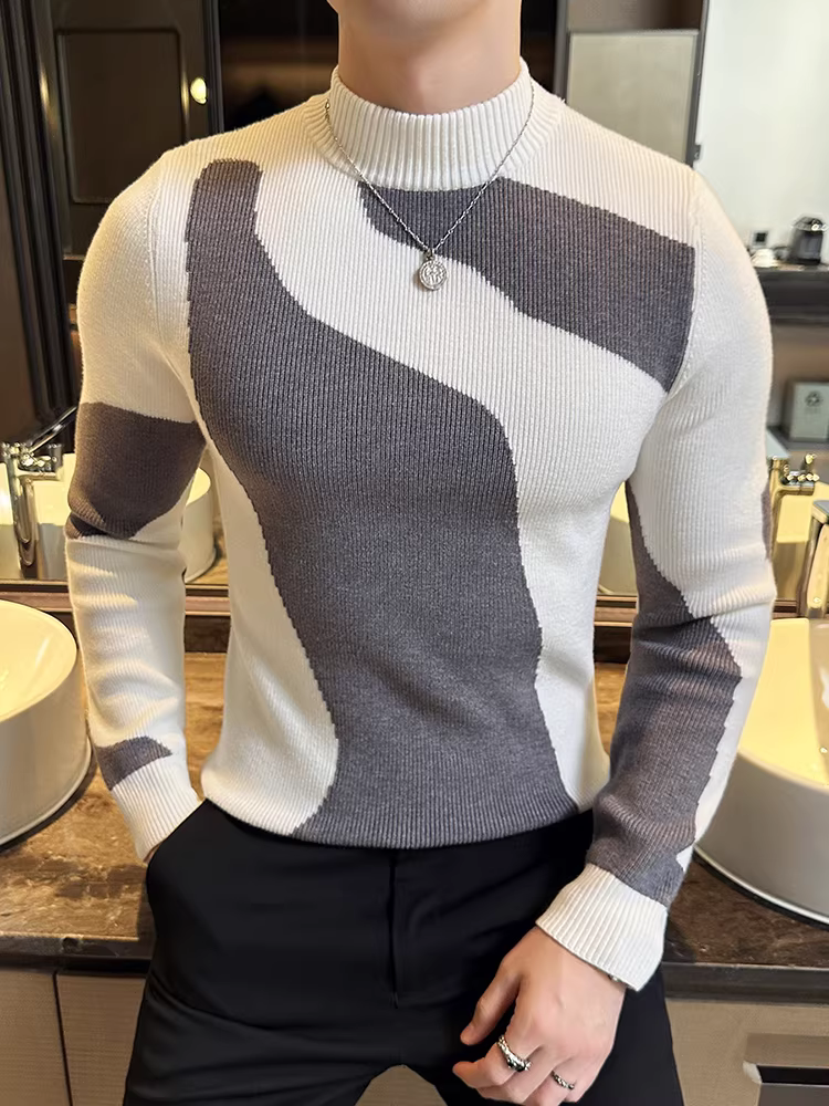 Áo len cổ lọ nửa cổ thiết kế phối màu dành cho nam, dài tay, mùa thu đông, nhẹ nhàng sang trọng, thời trang, ôm dáng, phong cách, chất liệu dệt kim co giãn.