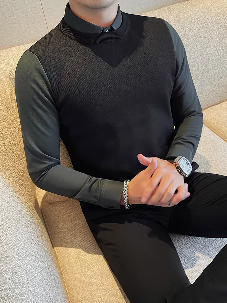 Áo len nam dài tay có cổ áo sơ mi, thiết kế giả hai mảnh, lót lông cừu mùa thu đông, dày dặn, áo sơ mi dệt kim dáng ôm vừa vặn, thời trang, lịch sự dành cho doanh nhân.