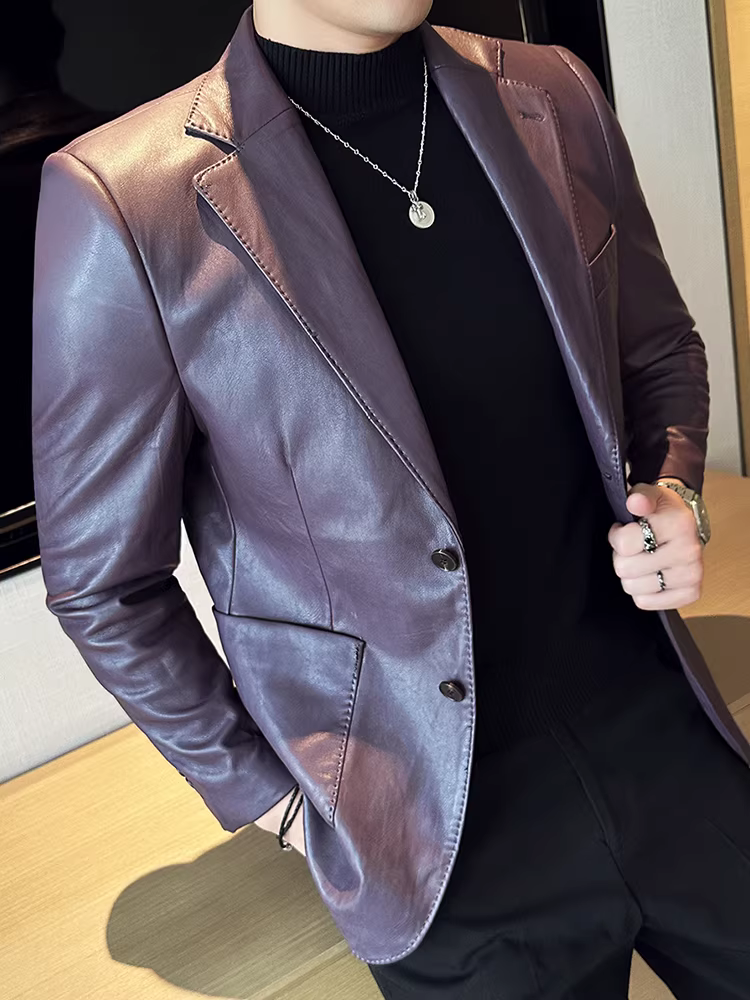 Áo khoác da công sở cao cấp dành cho nam, thời trang thu đông 2025, kiểu dáng ôm body, phong cách lịch lãm kiểu Anh.