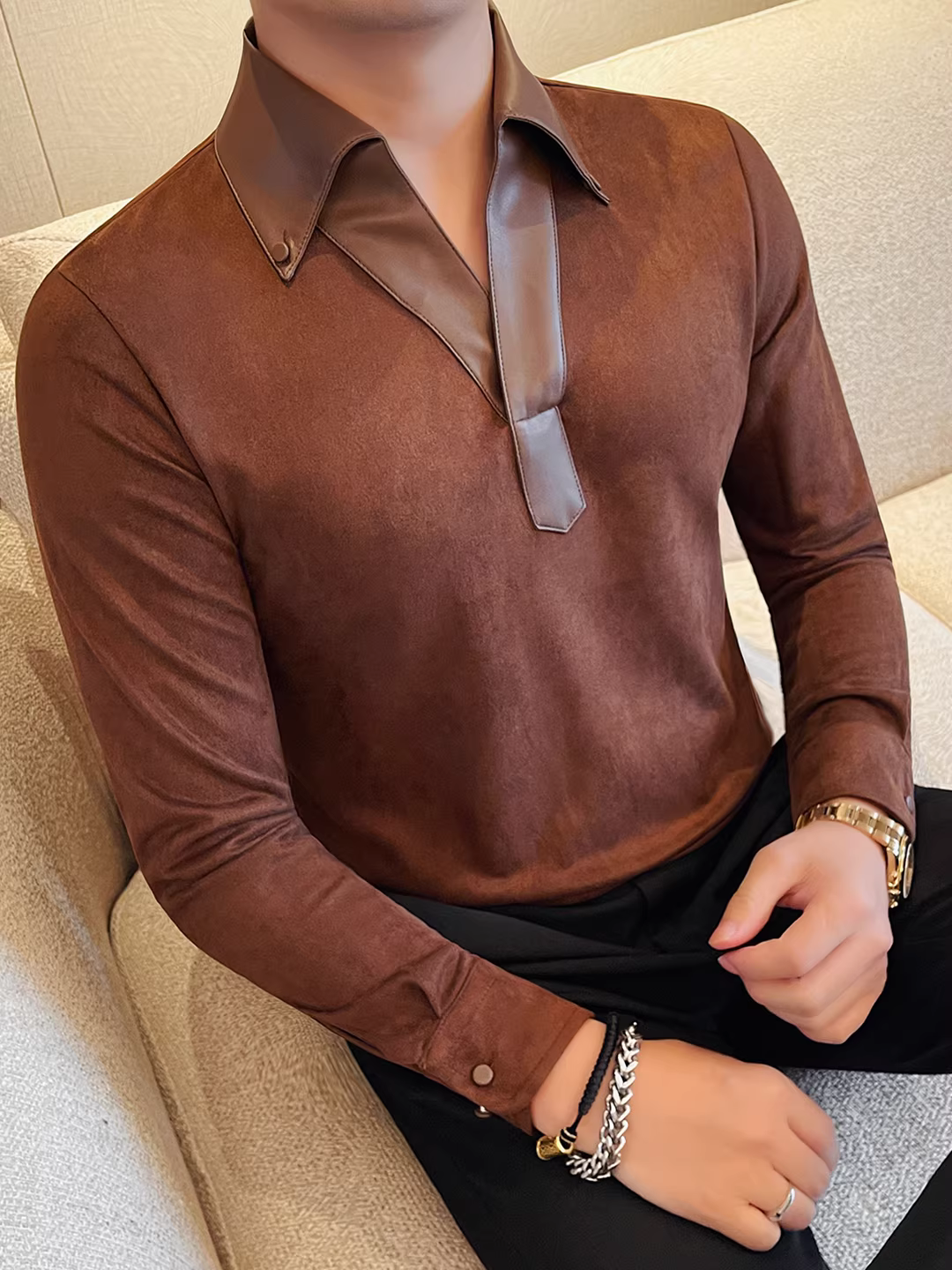 Áo sơ mi da phối chất liệu cổ áo da lộn, áo thun nam dài tay mùa thu đông dày dặn thời trang ôm dáng cao cấp