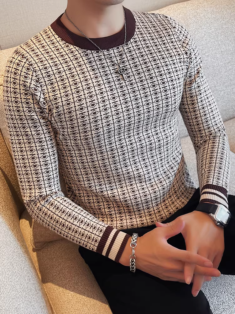 Áo len cổ tròn phối màu cao cấp dành cho nam, dài tay, hợp thời trang mùa thu đông, kiểu dáng thời trang, ôm dáng, áo thun dệt kim cổ tròn thông thường.