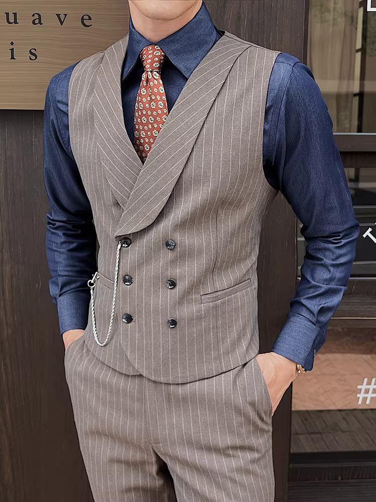 Áo vest sọc đôi ngực kiểu Anh dành cho nam, phong cách xuân thu mới, trang phục công sở lịch sự cao cấp, vest phù rể