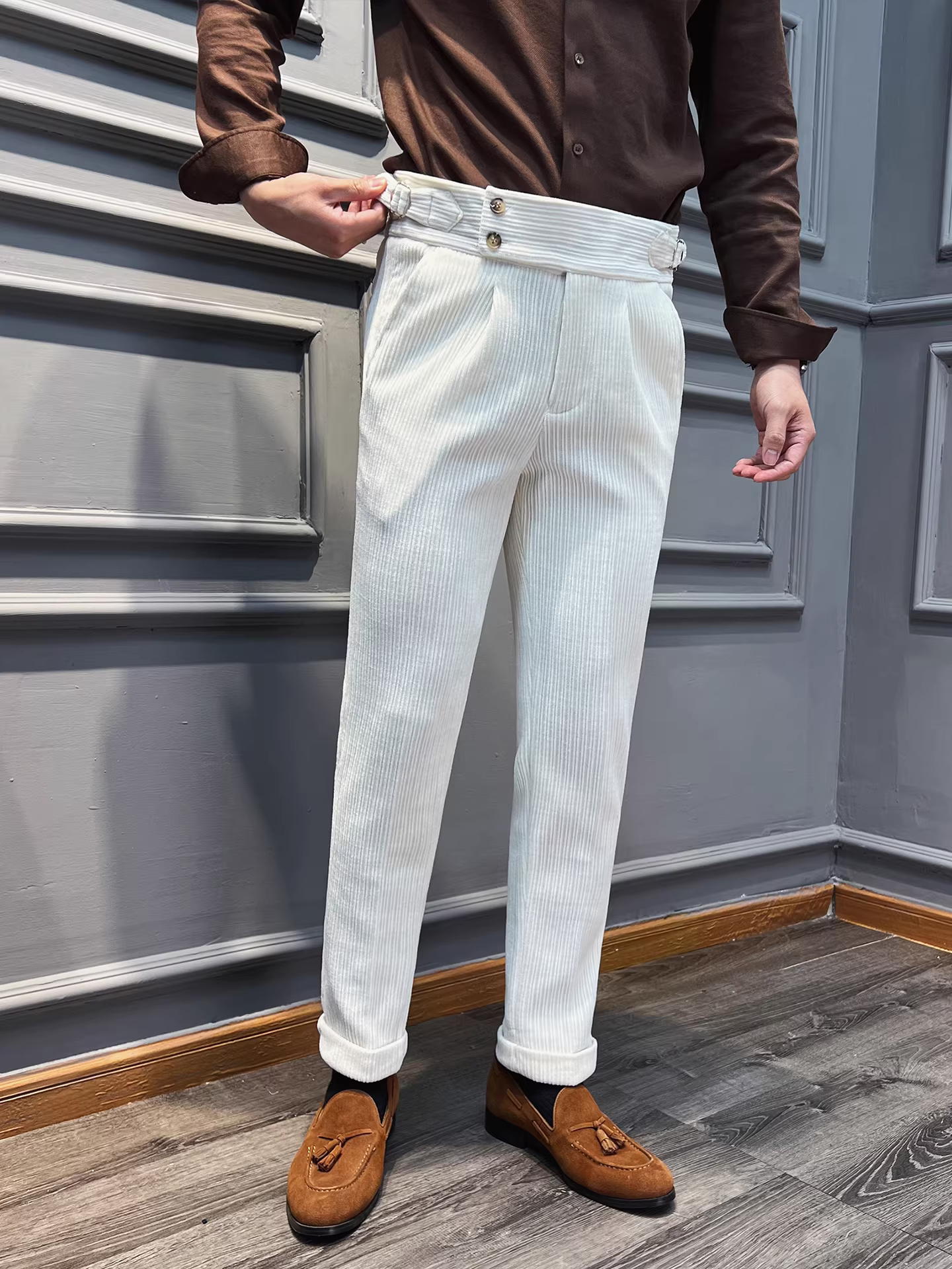 Quần âu nam chất liệu nhung dày kiểu Naples, mùa thu đông, phong cách thường ngày, công sở, đa năng, ôm dáng, cạp cao.