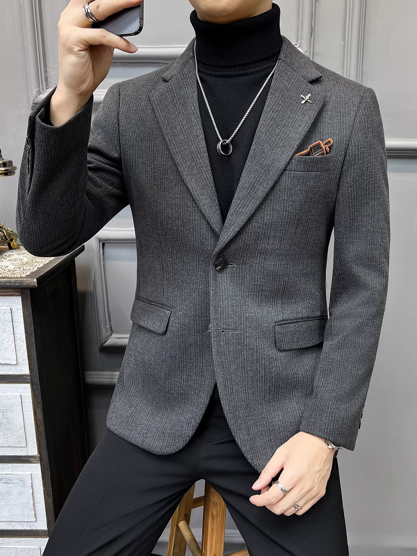 Áo khoác len sọc tối màu dành cho nam, mùa thu đông, dày dặn, ấm áp, thời trang, hợp xu hướng, ôm dáng, dễ chăm sóc, kiểu dáng vest.