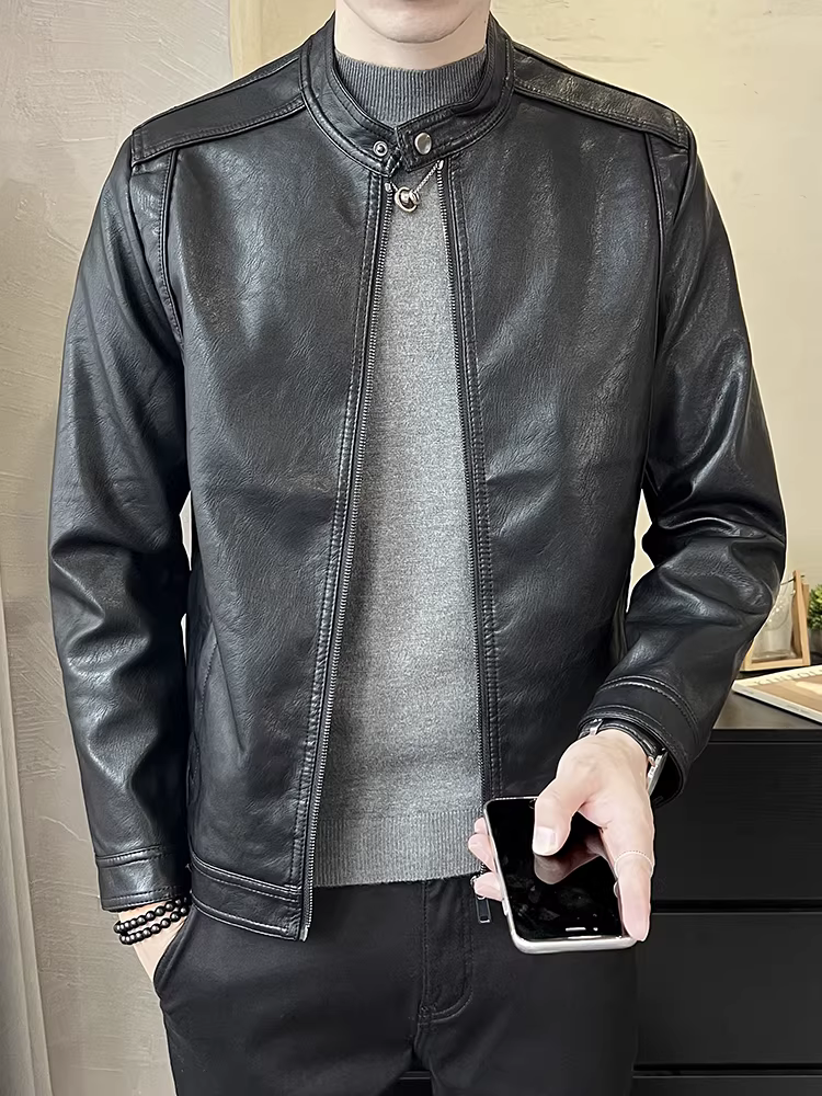 Áo khoác da cổ đứng dành cho nam, kiểu dáng xuân thu mới, cao cấp, sành điệu, ngắn, áo khoác da biker nam dáng ôm vừa vặn