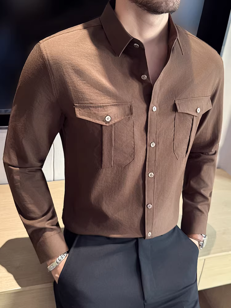 Áo sơ mi nam dài tay, thiết kế hai túi, kiểu dáng ôm body, thời trang, hợp xu hướng, phong cách thường ngày, công sở, đa năng, mẫu mới 2025