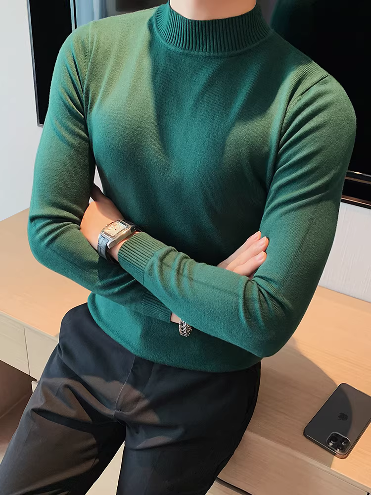 Áo len cổ lọ nửa cao dành cho nam, mùa thu đông, phong cách Anh cao cấp, đa năng, hợp thời trang, ôm dáng, ấm áp, áo len dài tay.