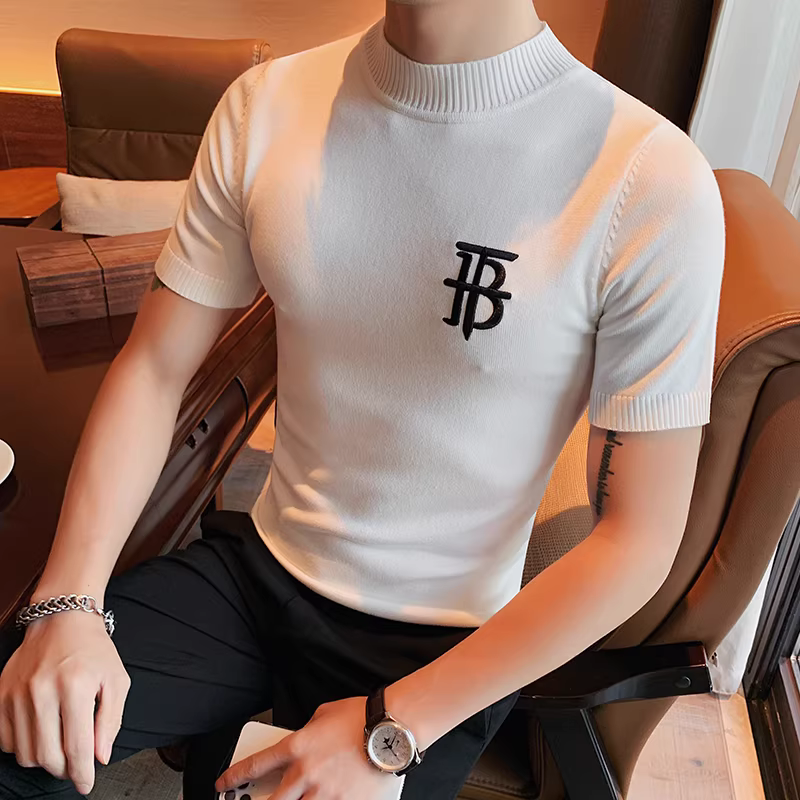 Áo thun nam tay ngắn chất liệu lụa băng thêu, áo thun nam dệt kim mỏng nhẹ mùa hè, kiểu dáng thời trang phong cách Anh, ôm body