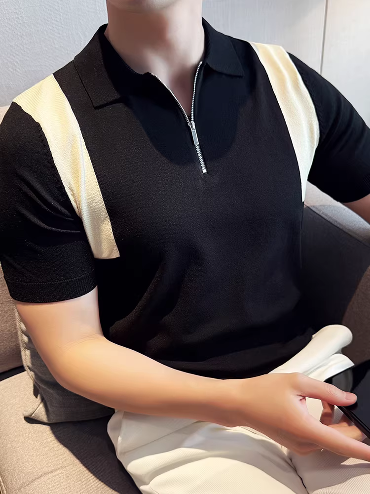 Áo Polo nam tay ngắn chất liệu lụa đá dệt kim phối màu, kiểu dáng mỏng nhẹ mùa hè, thời trang mới 2025, cổ áo kiểu dáng lịch lãm