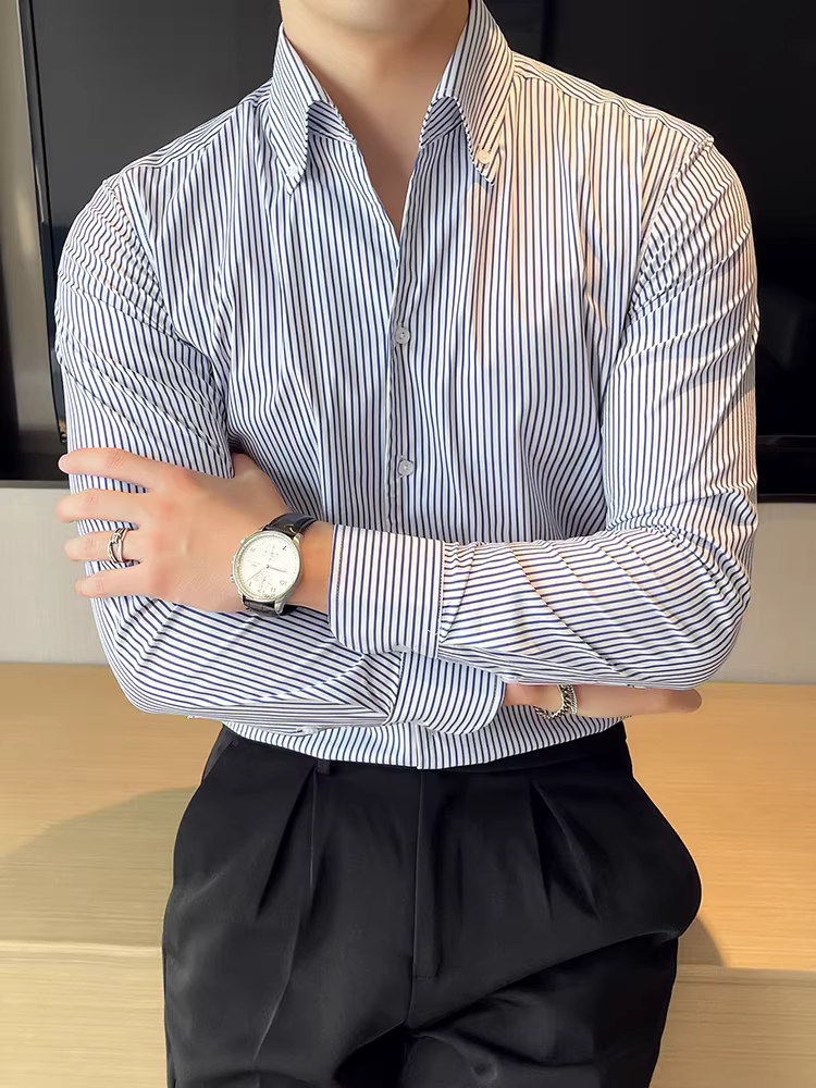 Áo sơ mi nam sọc cổ chữ V thời thượng, tay dài, kiểu dáng xuân thu mới, ôm dáng, áo sơ mi cá tính, thoải mái với thiết kế độc đáo.