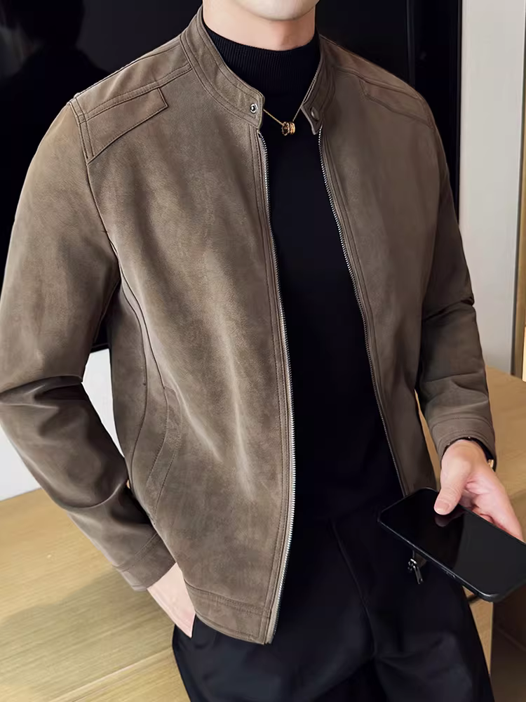 Áo khoác da cổ đứng dành cho nam, phong cách xuân thu mới, phong cách công sở cao cấp, phong cách Trung Hoa mới, áo khoác da đi xe máy dáng ôm đẹp trai