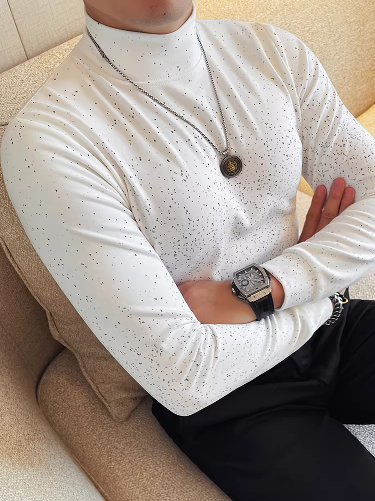 Áo thun nam cổ nửa cao in họa tiết hoa Baby's Breath, tay dài, thời trang thu đông 2025, kiểu dáng ôm body, áo lót cổ trung bình