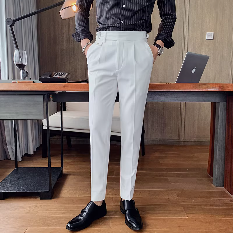 Quần tây nam thông thường cho mùa xuân và mùa thu, quần trắng, quần tây nam kiểu dáng công sở ôm vừa vặn hợp thời trang phong cách Hàn Quốc, quần dài phong cách Anh quốc