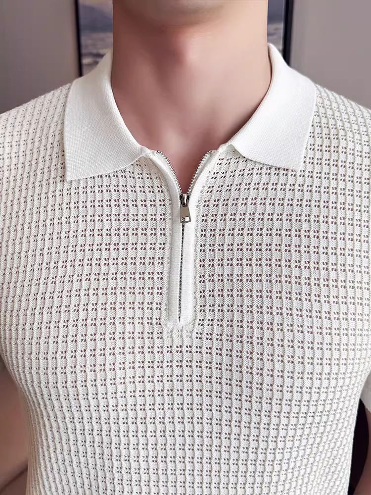 Áo polo dệt kim bằng lụa băng rỗng dành cho nam, tay ngắn, kiểu dáng mỏng mùa hè, thời trang và hợp thời trang, áo thun có khóa kéo cổ áo phối màu cao cấp.