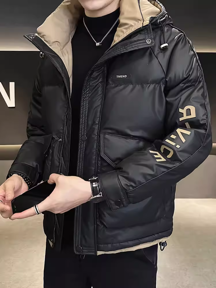 Áo khoác phao có mũ trùm đầu bằng vải chống thấm ba lớp dành cho nam, dày dặn và ấm áp cho mùa đông, áo khoác ngắn ôm dáng chất lượng cao mới năm 2024.