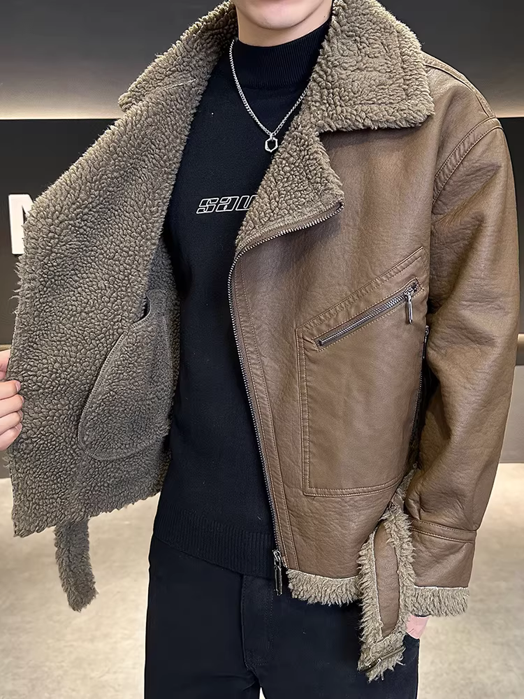 Áo khoác nam tích hợp lông thú cho mùa thu đông, áo khoác nam cổ áo kiểu cổ điển Mỹ, áo khoác lông cừu ấm áp thường ngày
