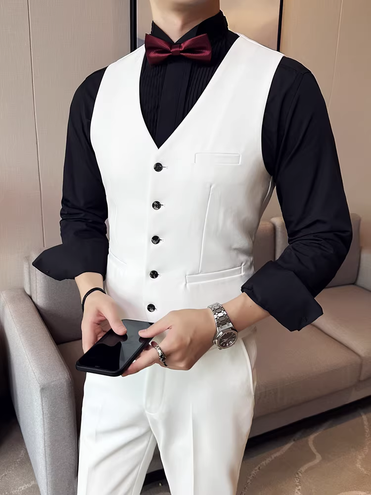 Áo vest trắng cổ chữ V dành cho nam, dáng ôm, phong cách công sở lịch lãm cao cấp kiểu Anh, bộ vest phù rể đám cưới