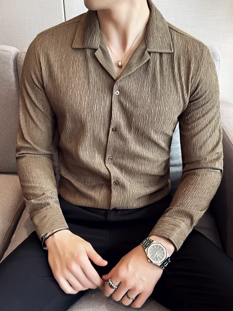 Áo sơ mi cổ Cuba dành cho nam, tay dài, kiểu dáng xuân thu mới, phong cách công sở lịch sự, đa năng, cao cấp, thiết kế xếp ly, áo hơi rộng