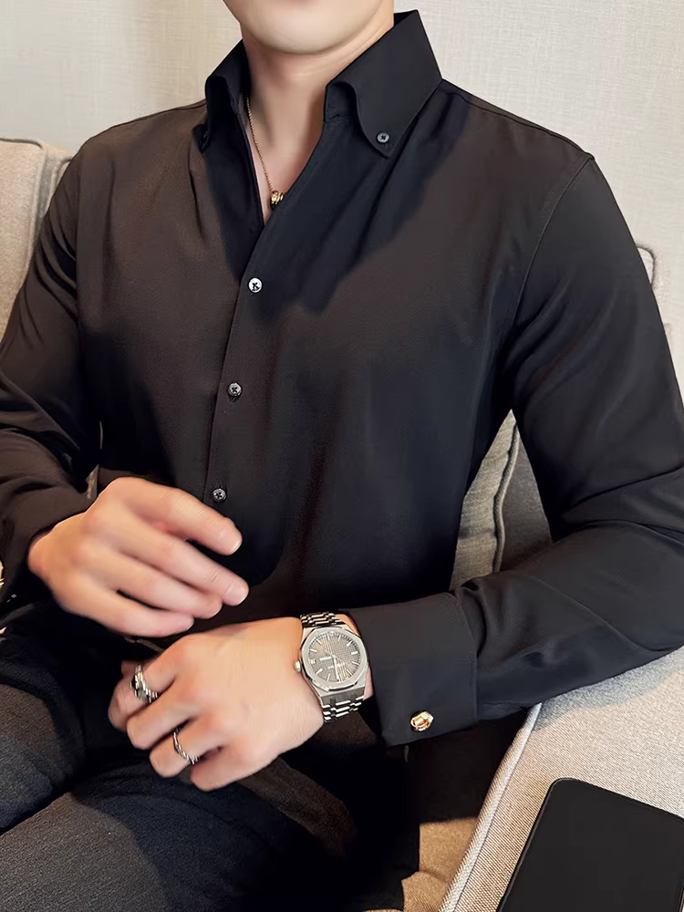 Áo sơ mi nam cổ V, tay dài, cao cấp, phong cách business casual, đa năng, hợp thời trang, kiểu dáng thời thượng, màu trắng hơi rộng, có khuy măng sét.