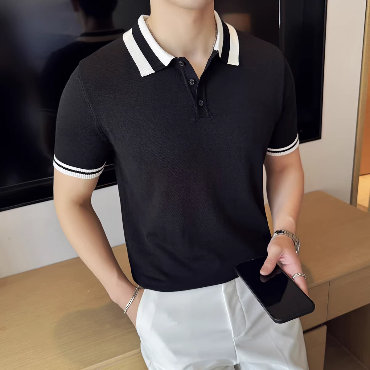 Áo polo dệt kim mỏng bằng lụa băng kiểu Anh dành cho nam, tay ngắn, thoáng khí, thoải mái, đa năng, áo thun phối màu cao cấp cho mùa hè