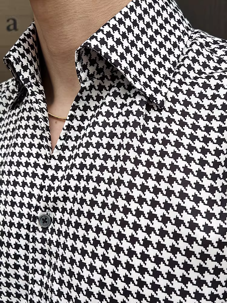 Áo sơ mi nam cổ V họa tiết răng cưa kiểu Pháp, tay dài, thời trang xuân 2025, cao cấp, lịch sự, phong cách doanh nhân.