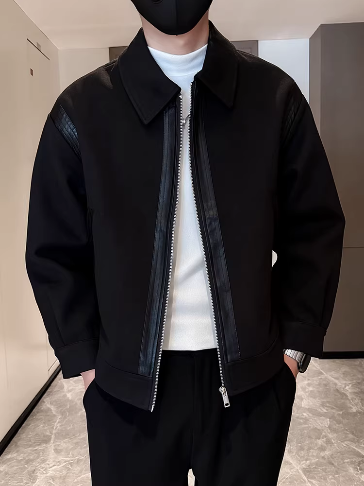 Áo khoác len nam phối da cho mùa thu đông, có đệm và dày dặn, kiểu dáng thời trang đa năng cao cấp