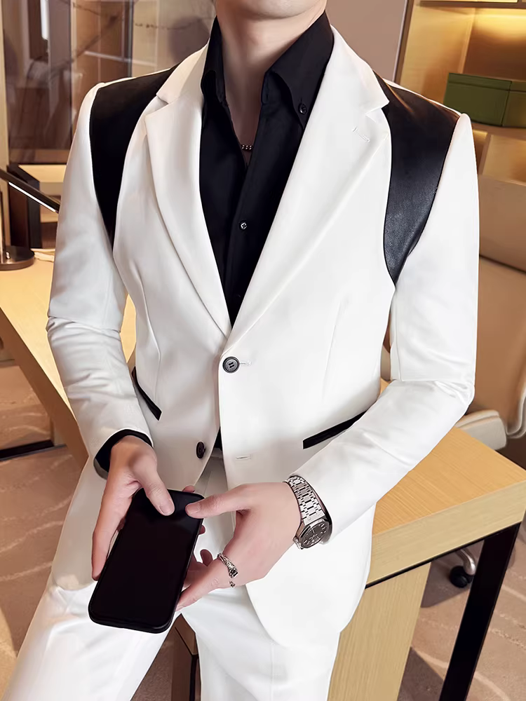 Bộ vest nam cao cấp phối da kiểu dáng mới 2025, thời trang công sở lịch lãm, ôm dáng, bộ vest lịch sự