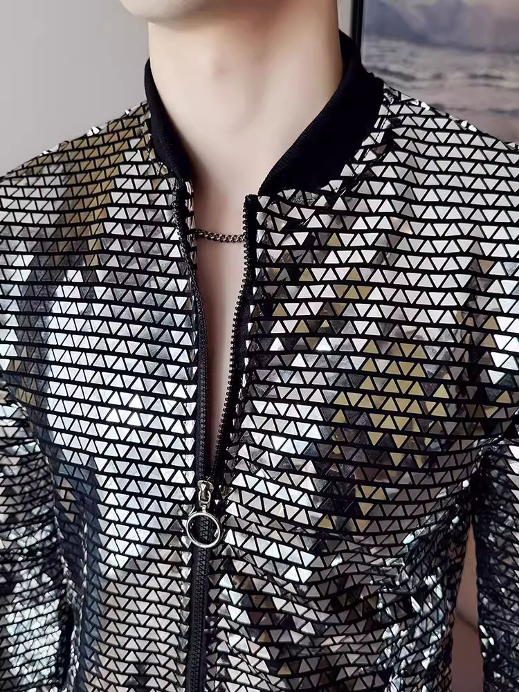 Áo khoác cổ bóng chày nam mùa xuân hè kiểu dáng mỏng cao cấp thời trang hợp thời trang cá tính quần áo biểu diễn sequin bạc