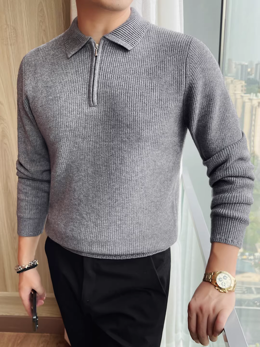 Áo len dày có cổ nửa khóa kéo dành cho nam, tay dài, kiểu dáng thời trang thu đông mới, kiểu dáng đa năng, áo len dệt kim cơ bản.