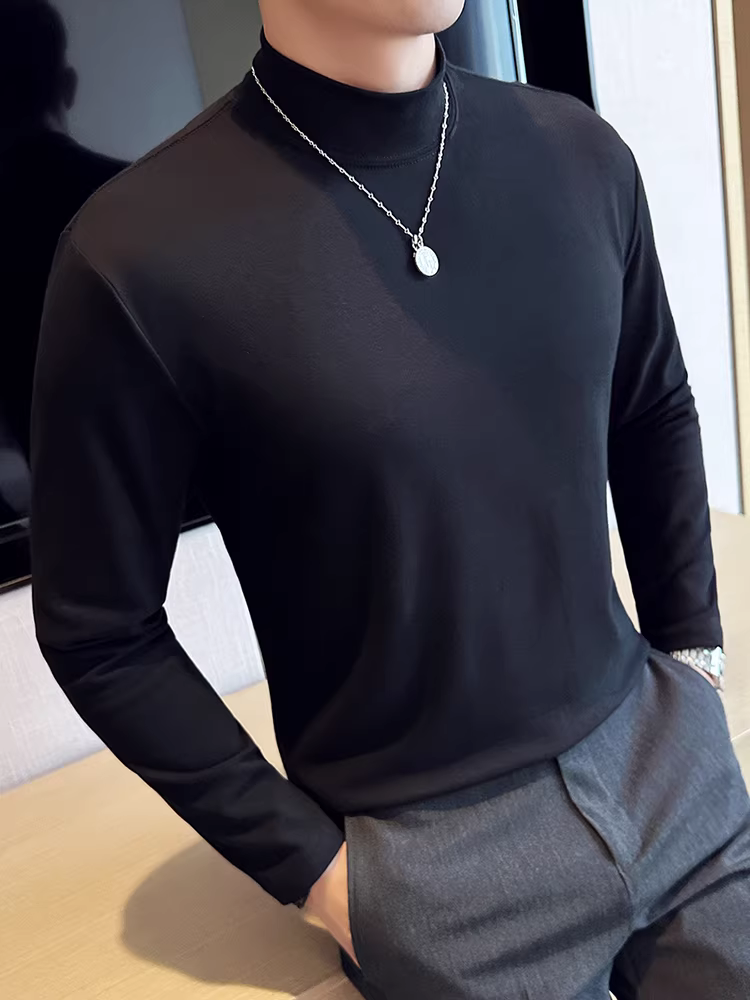 Áo thun dài tay cổ cao nửa cổ dành cho nam, thời trang thu đông đa năng, dáng rộng thoải mái, áo lót đa năng