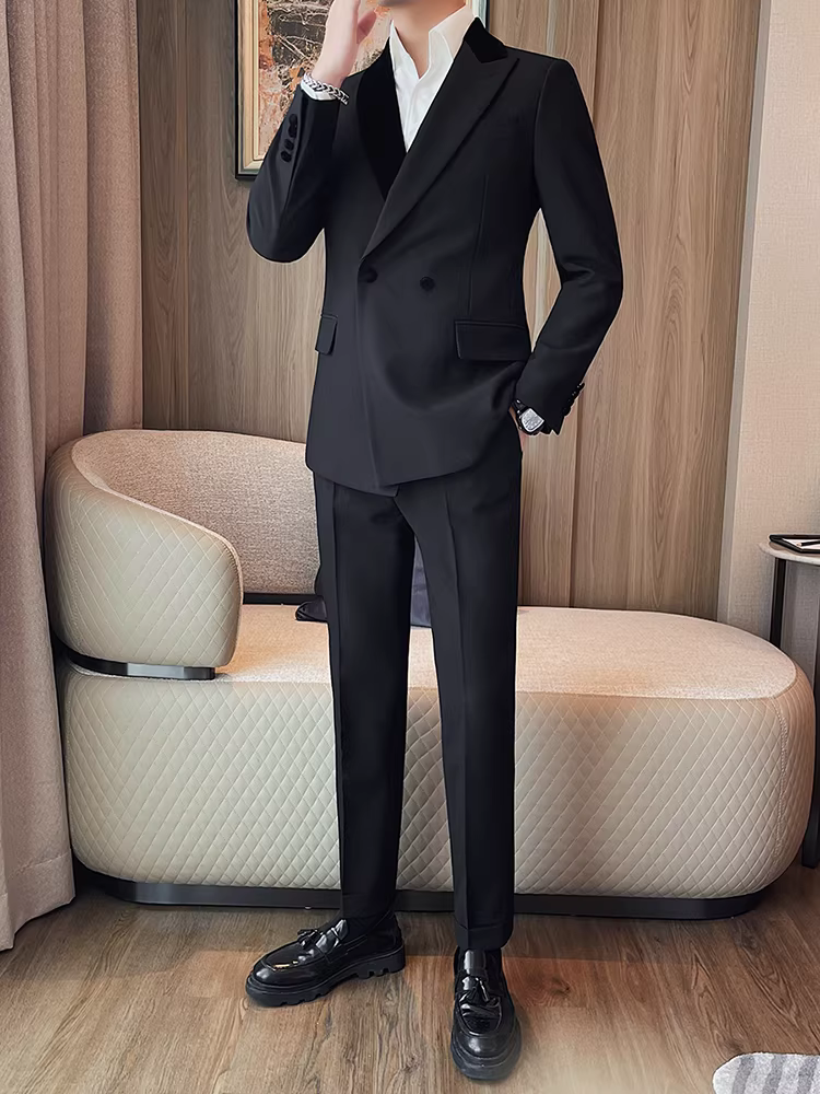 Bộ vest nam cao cấp, kiểu dáng lịch lãm, ôm dáng, thích hợp cho đám cưới, công sở, thiết kế hai cúc, hai mảnh.