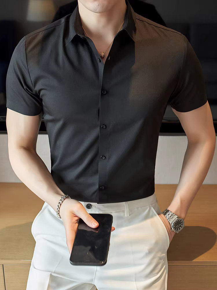 Áo sơ mi nam tay ngắn chất liệu lụa đá, kiểu dáng mỏng nhẹ, lịch sự, công sở, thường ngày, thoáng khí, ôm dáng, phong cách Anh quốc, lịch lãm