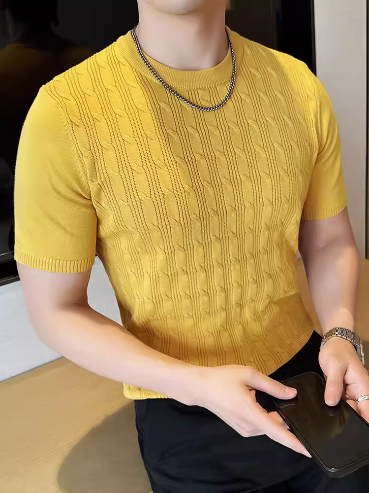 Áo thun nam ngắn tay dệt kim jacquard chất liệu lụa đá, kiểu dáng mỏng nhẹ mùa xuân hè, hợp thời trang, thời thượng, đa năng, ôm dáng, cao cấp.