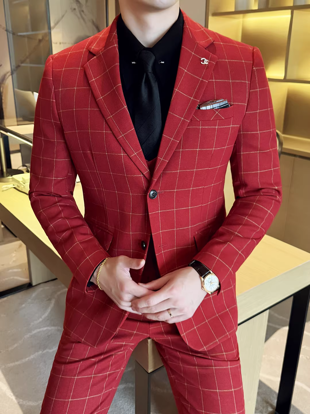 Bộ vest cao cấp kẻ caro dành cho nam, trang phục dạ hội công sở, kiểu dáng ôm sát, lịch sự và dễ chăm sóc, bộ vest cưới ba mảnh