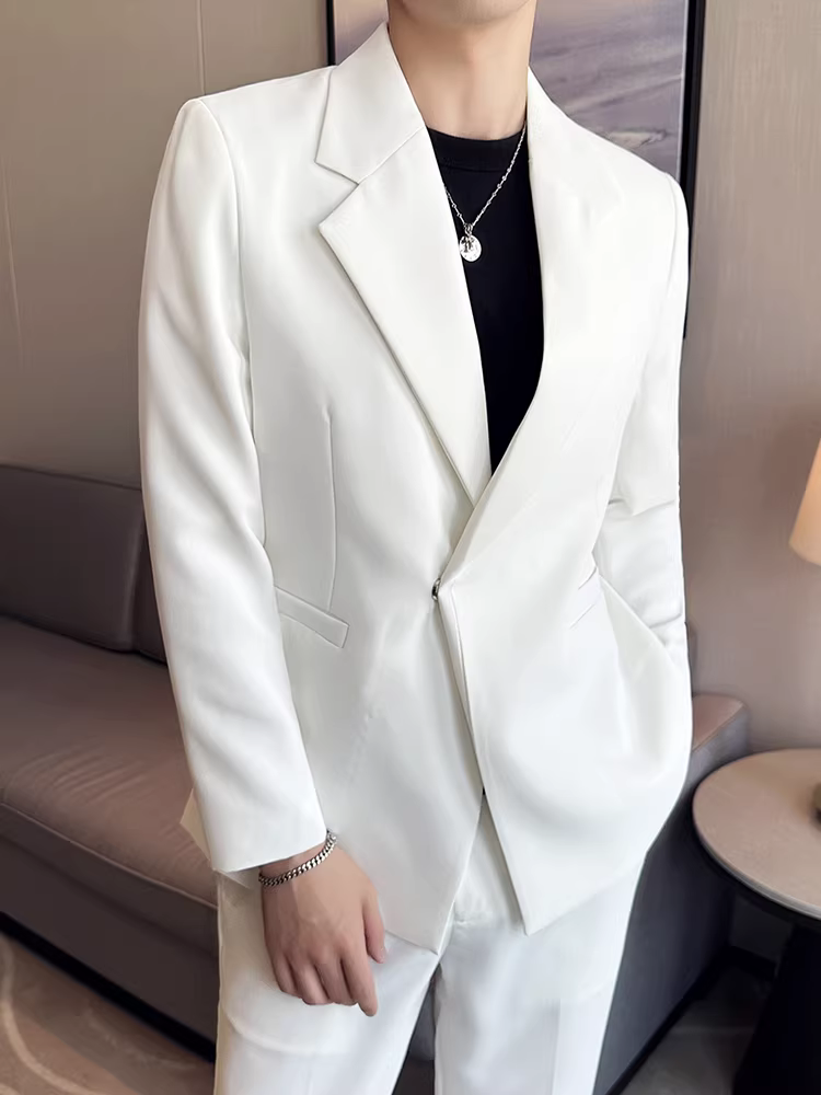 Bộ vest nam không khuy cài bên, kiểu dáng lịch lãm, đa năng, chất liệu mềm mại, gồm hai mảnh