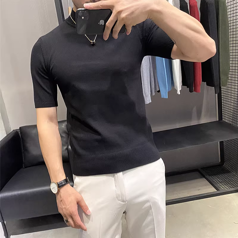 Áo len ngắn tay cổ lọ nửa cao dành cho nam, áo dệt kim mùa xuân thu, áo sơ mi nam thông thường mới, áo sơ mi mùa thu tay ngắn ôm sát, màu trơn.