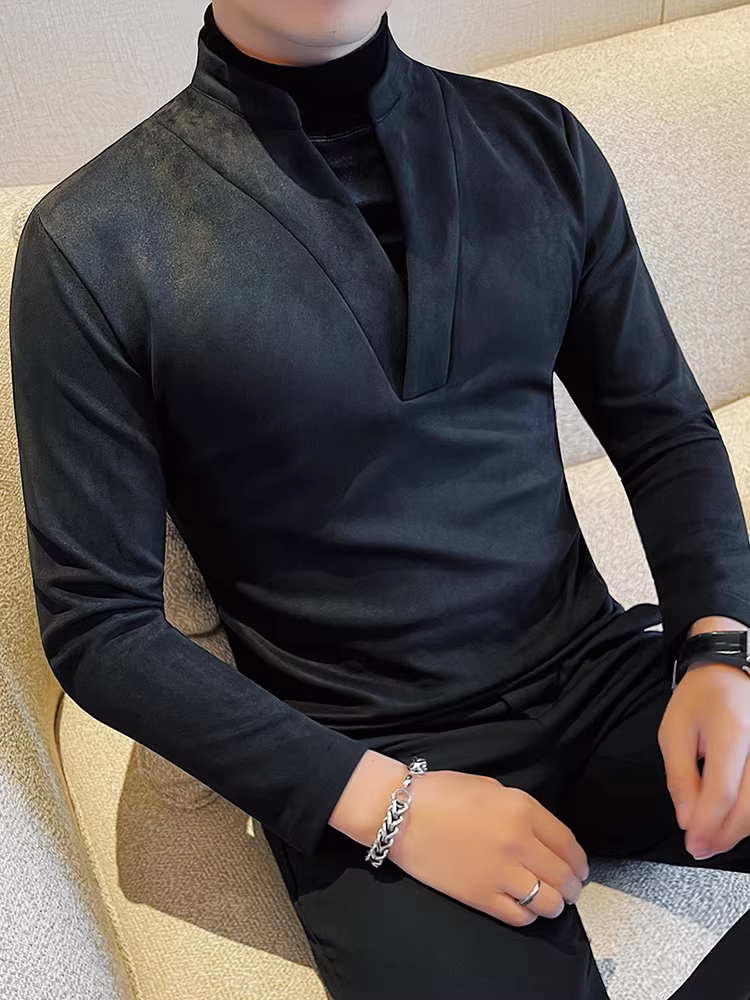 Áo thun giả hai mảnh dành cho nam, dài tay, kiểu mới thu đông 2024, áo sơ mi cổ đứng cao cấp, áo kiểu Trung Quốc mới ôm dáng.