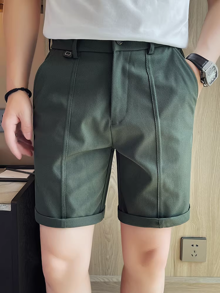 Quần short nam lưng thun bán co giãn, kiểu dáng thời trang mùa hè 2025, đa năng, quần âu công sở, dáng thẳng, dài đến đầu gối