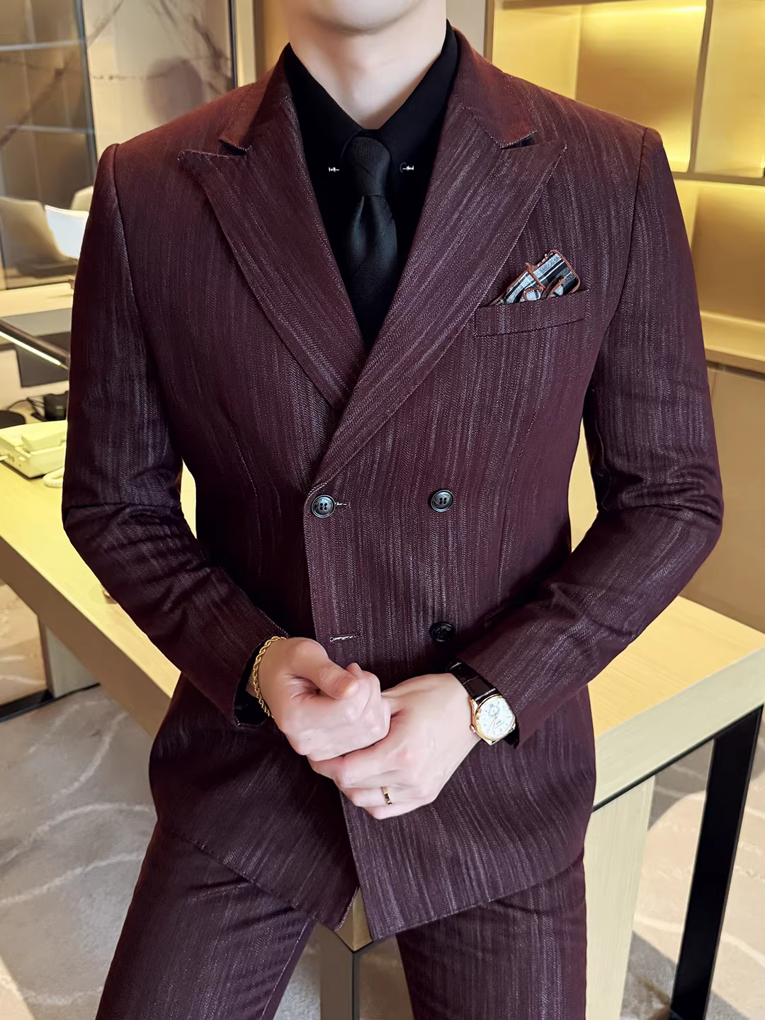 Bộ vest lyocell hai hàng khuy cho nam, trang phục công sở cao cấp, vest cưới phong cách Anh, bộ ba món