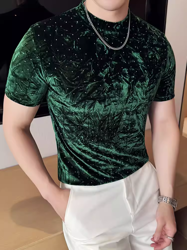 Áo thun nam ngắn tay nhung thiết kế lá vàng, thời trang xuân hè mới, dáng ôm, cổ cao nửa cổ sành điệu.