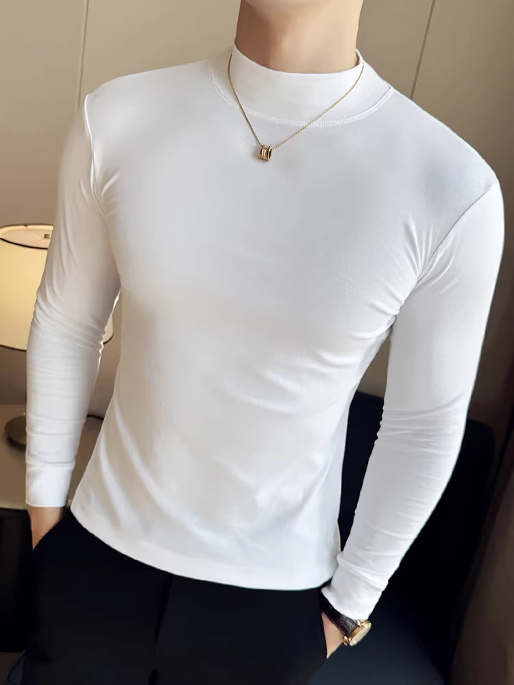 Áo thun co giãn cổ cao nửa cổ lót lông cừu dành cho nam, dài tay, mùa thu đông, màu trơn, đa năng, cổ trung, áo lót bên trong.