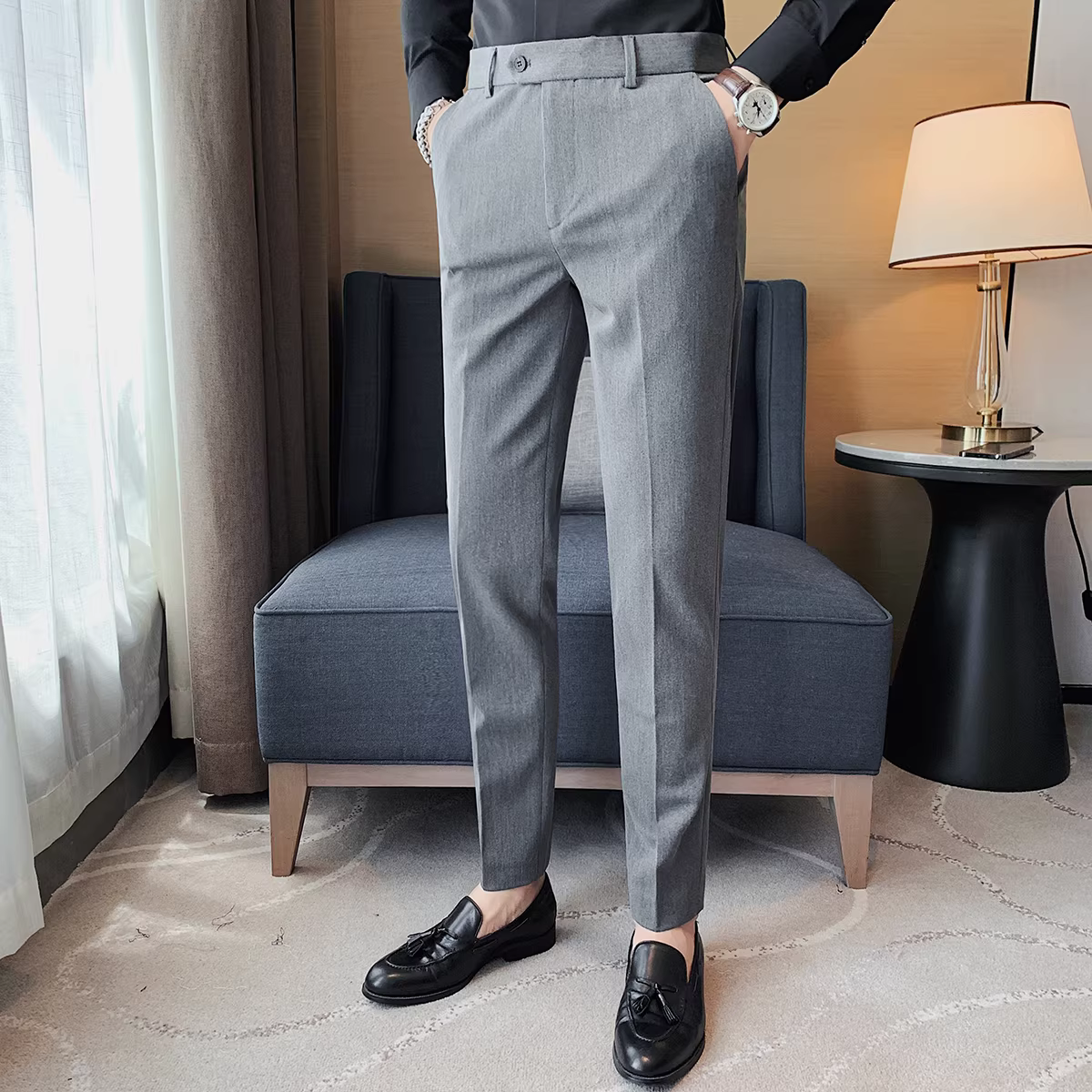 Quần âu nam, kiểu dáng xuân thu mới, quần tây công sở thêu cao cấp thời trang, quần ống côn ôm dáng hợp xu hướng